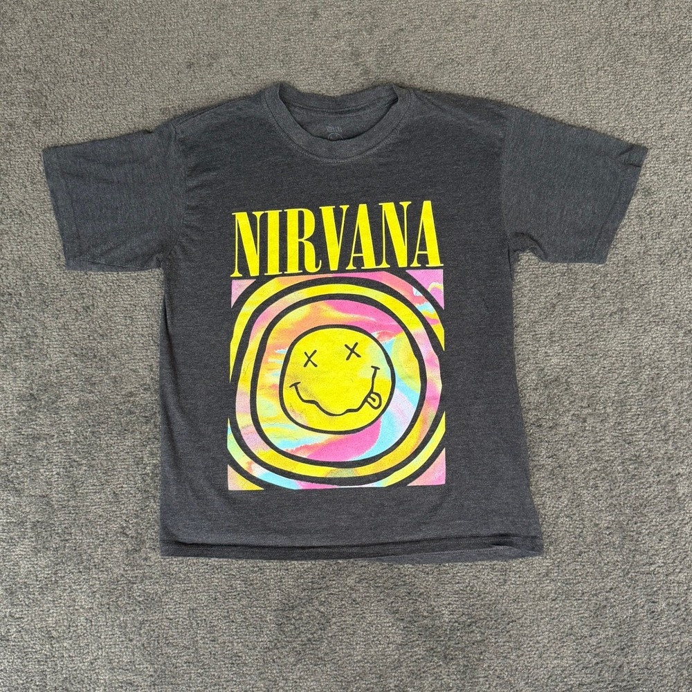 Nirvana Graphic T-Shirt Charcoal Gray Smiley Face Logo‎ XS Short Sleeve Crewneck